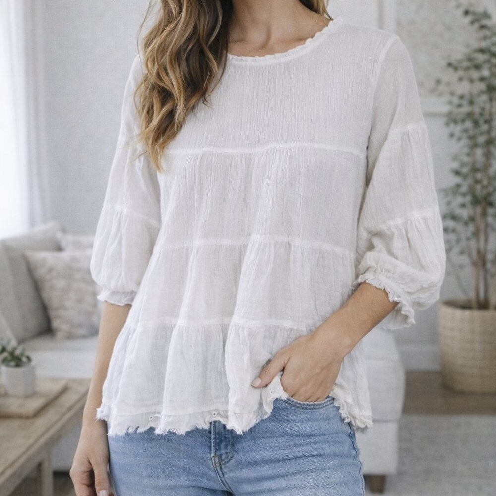 Stolen Hearts Womens White Tiered Blouse Puff Sleeve Frayed Hem Textured‎ Top M